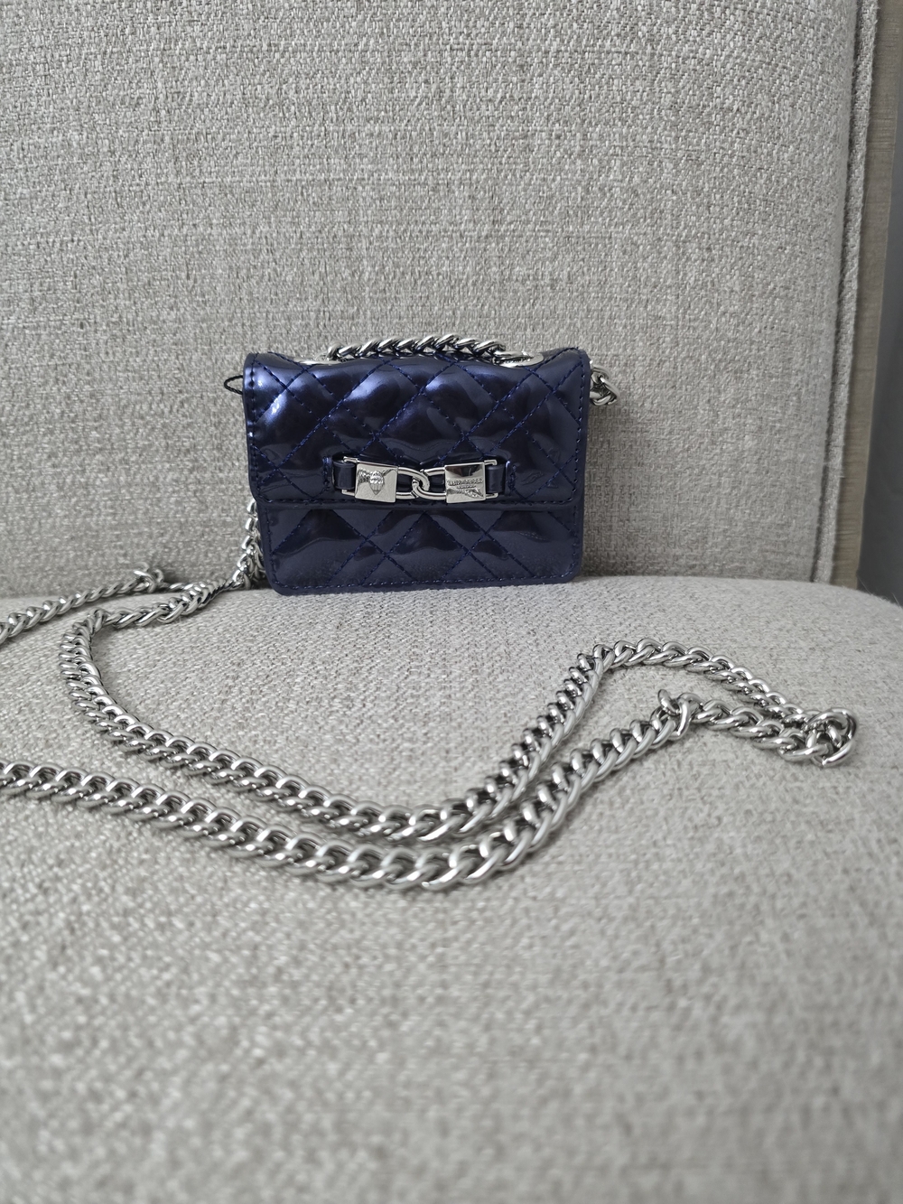 NWT Kurt Geiger London Micro Kingsley Quilted Crossbody Bag - Metallic Navy/Purp - Picture 3 of 7